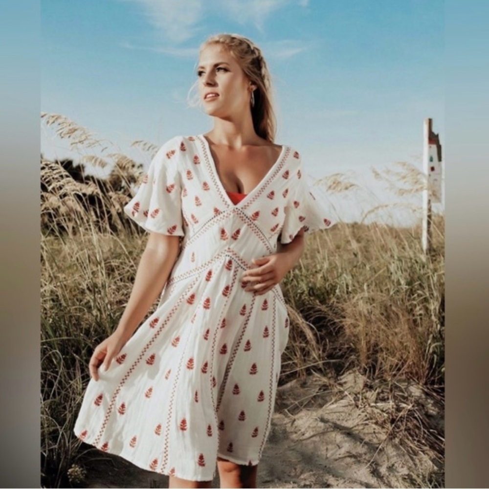 Anthropologie Raga Cream Midi Dress with Red Accents